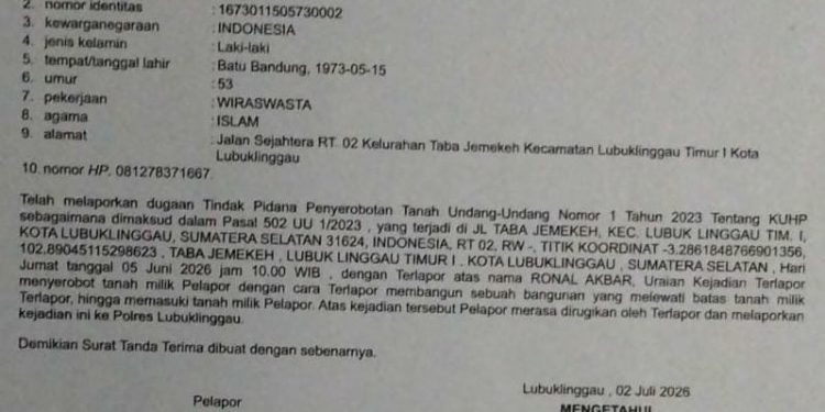 Calon Ketua RT Terpilih Dilaporkan Ke Polres Kota Lubuk Linggau Kasus Penyerobotan Lahan.